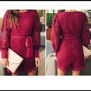#443 (Hidden Label) Elegant Burgundy Lace Romper - Size Medium